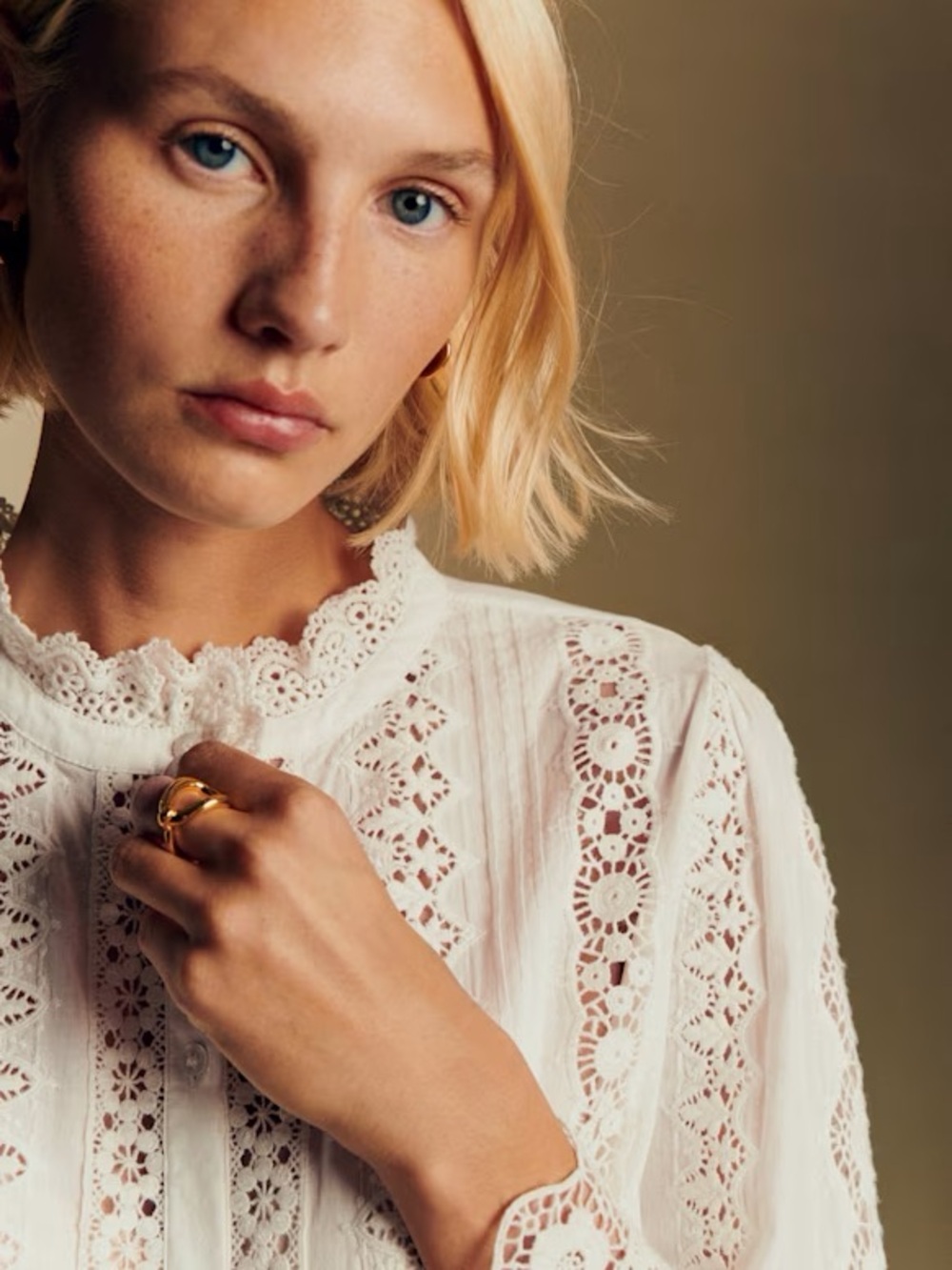 Sézane Lace Blouse White Eyelet Button Down Romantic Victorian